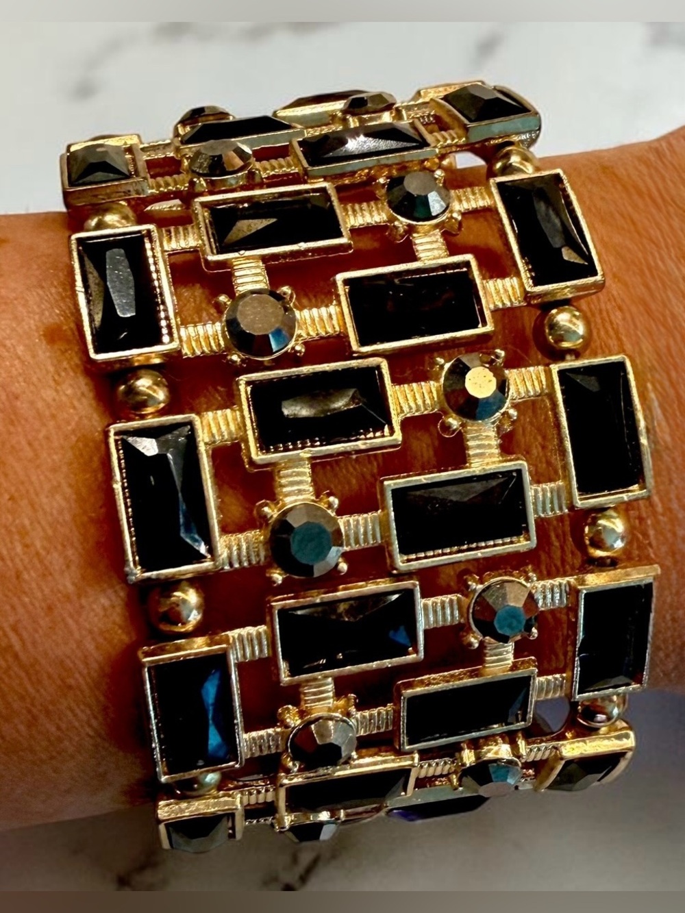 Gold Black Statement Cuff Bracelet Wide Stretch Art Deco Style Bold Glam